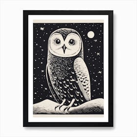 B&W Bird Linocut Snowy Owl 2 Art Print