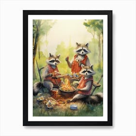 Raccoon Family Picnic Watercolour 1 Art Print