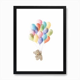 Watercolour Teddy Bear with colourful Balloons for Children's Room Art Print