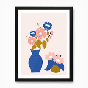 Pink Blue And Gold Vases With Flowers Art Print