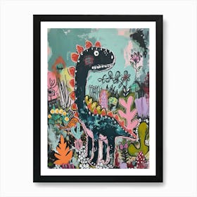 Dinosaur In The Garden Colourful Brushstroke 3 Art Print