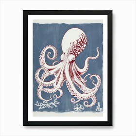 Octopus In Ocean Blue Linocut Background 2 Art Print