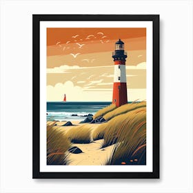 North Germany, Sunset And Lighthouse #2 - Retro Landscape Beach and Coastal Theme Travel Poster Art Print