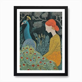 Linocut Inspired Blue Peacock With Red Hair Woman Art Print