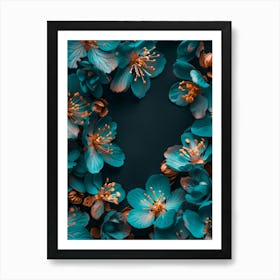 Blue Flowers On Black Background Art Print