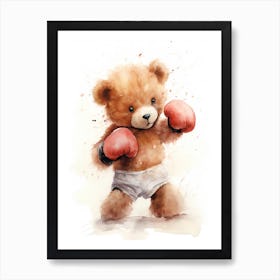 Boxing Teddy Bear Painting Watercolour 4 Art Print