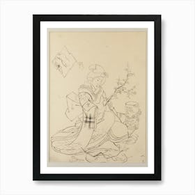 Framed Female Figure Crouching On Ground, Pruning A Blossoming Branch In Preparation For Display In Dragon Vase; Art Print