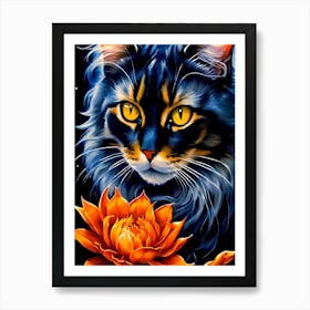 Cat With Lotus Flower Art Print