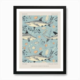 Pastel Blue Smallscale Cookiecutter Shark Watercolour Seascape Pattern 1 Poster Art Print