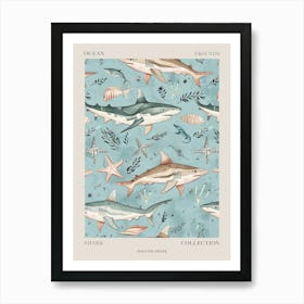 Pastel Blue Dogfish Shark Watercolour Seascape Pattern 2 Poster Art Print