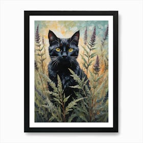 Black Cat Amongst Mugwort - Oil and Palette Knife Painting of A Beautiful Black Cat Sitting Among the Wild Herb Flowers - Kitty, Cat Lady, Pagan, Feature Wall, Witch, Fairytale Tarot Bastet Witchcraft August Blooming Colorful Painting in HD Art Print