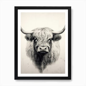 Black & White Ink Painting Of Highland Cow 5 Art Print