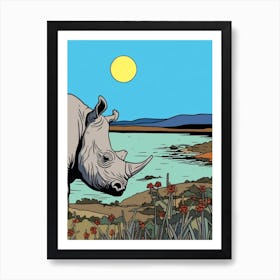 Rhino At Dawn By The River Art Print