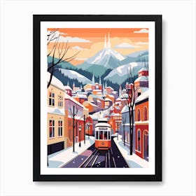 Vintage Winter Travel Illustration Bergen Norway 4 Art Print