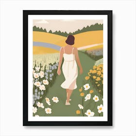 Woman Walking Through A Field Of Flowers Art Print