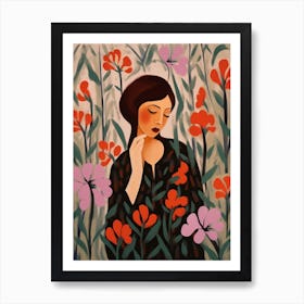 Woman With Autumnal Flowers Bleeding Heart Dicentra Art Print