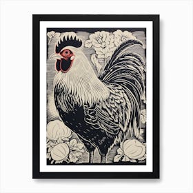 B&W Bird Linocut Chicken 7 Art Print