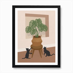 Minimal art Two Cats And A Potted Monstera Plant Art Print