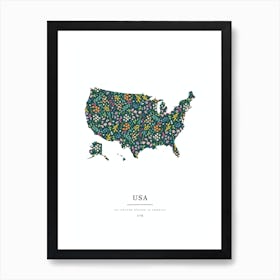 USA Map | Wildflowers on Juniper Green Art Print