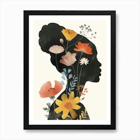 Silhouette Of A Woman With Flowers Art Print