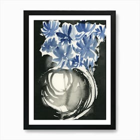 Blue Flowers In A White Vase - ink watercolor hand painted floral vertical Art Print