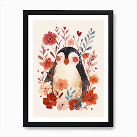 Penguin Red Flowers Heart Valentine's Day Art Print
