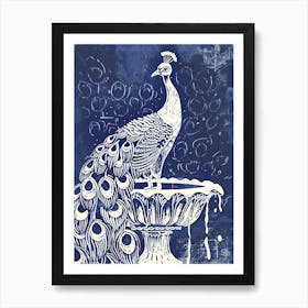 Navy Blue Linocut Inspired Peacock In A Fountain 1 Art Print
