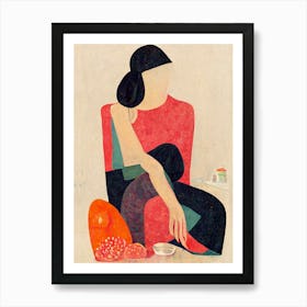 Girl Sitting In A Kitchen Art Print