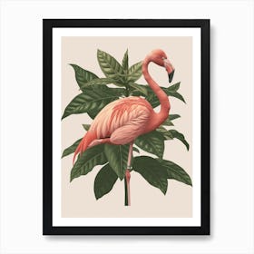 American Flamingo And Croton Plants Minimalist Illustration 1 Art Print