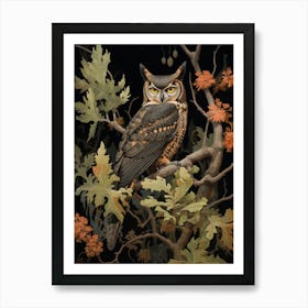 Dark And Moody Botanical Great Horned Owl 3 Art Print