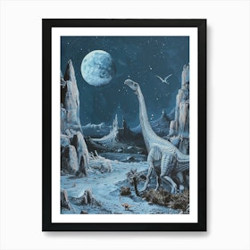 Dinosaur Under The Moon Painting 1 Art Print