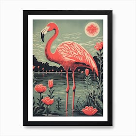 Vintage Bird Linocut Flamingo 5 Art Print