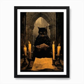 Spooky Cat Reading A Book With Candles Etching  Art Print