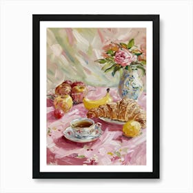 Pink Breakfast Food Bread, Croissants And Fruits 1 Art Print
