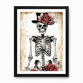Floral Skeleton With Hat Ink Painting (66) Art Print