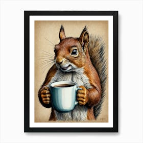 Squirrel Drinking Coffee Art Print