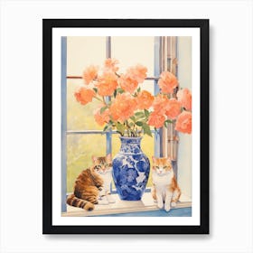 Cat With Camelia Flowers Watercolor Mothers Day Valentines 1 Art Print