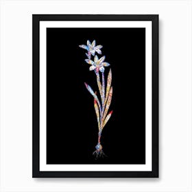 Stained Glass Ixia Liliago Mosaic Botanical Illustration on Black Art Print