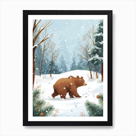 Brown Bear Walking Through A Snow Covered Forest Storybook Illustration 4 Art Print