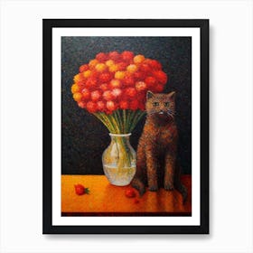 Carnation With A Cat 2 Pointillism Style Art Print