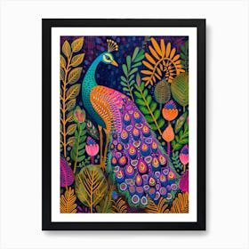 Folky Floral Peacock With The Plants 3 Art Print