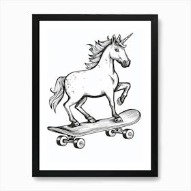 Unicorn On A Skateboard Black And White Doodle 2 Art Print