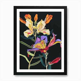 Neon Flowers On Black Freesia 4 Art Print