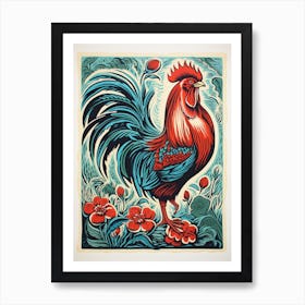 Vintage Bird Linocut Rooster 1 Art Print