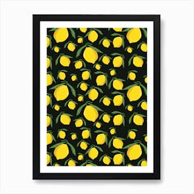 Lemon Pattern w/ Black Background Art Print