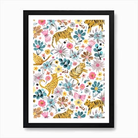 Spring Tigers Flowers Pink Blue Art Print