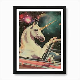 Unicorn Driving A Retro Car In Space 1 Art Print