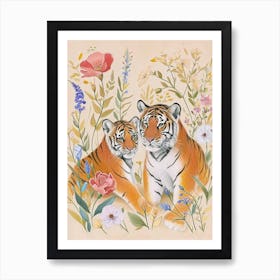 Folksy Floral Animal Drawing Tiger 3 Art Print