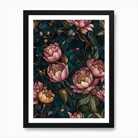 Peony Flowers On Stained Glass Art Print