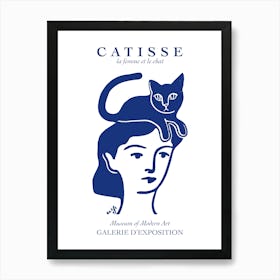 Matisse Catisse Woman With Cat Blue Fun Blue Line Art Face Art Print